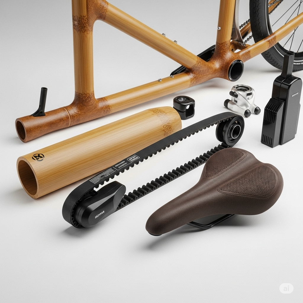 Collection of innovative bicycle components: a bamboo frame, a belt drive, and an ergonomic saddle